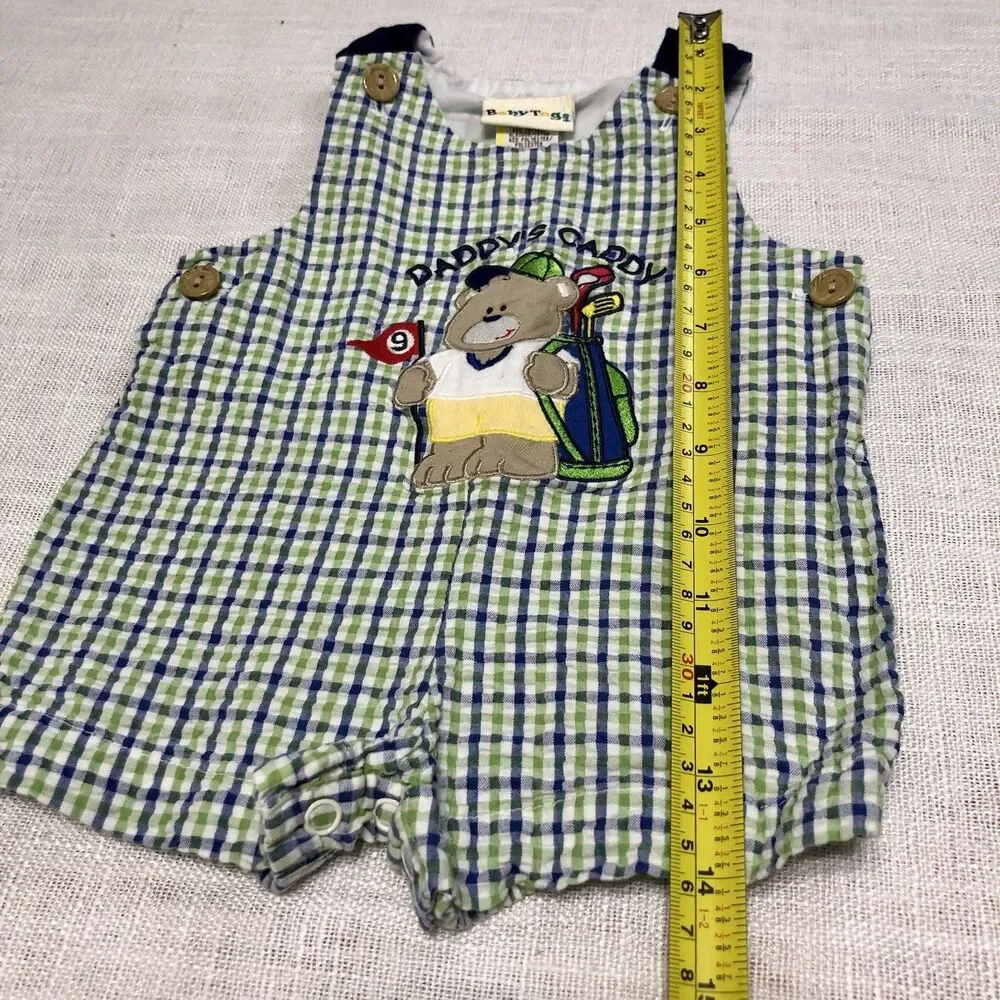VTG Y2K baby boys 3-6m seersucker romper overalls golf bear plaid embroidered